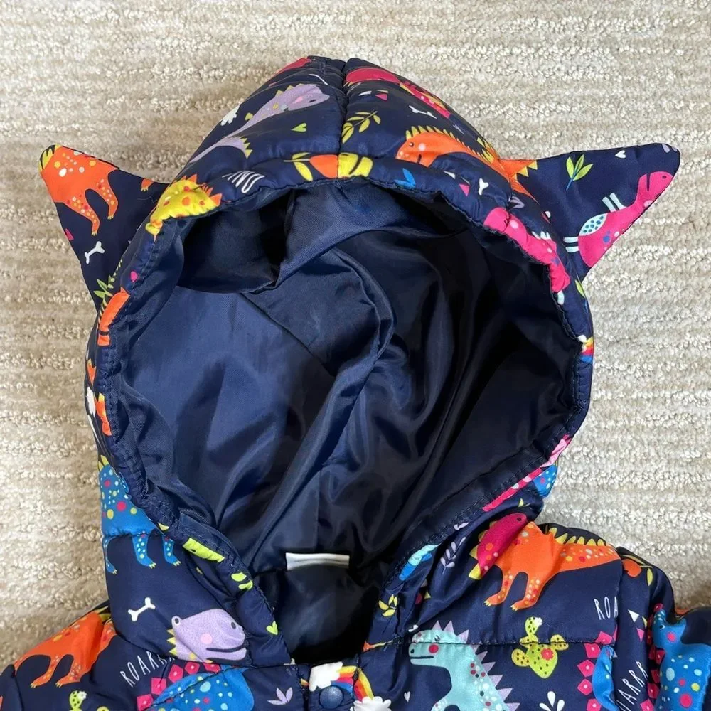 Patpat Dinosaur Rainbow Print Puffer Jacket Kids Size 3 Years Hooded Ears Unisex